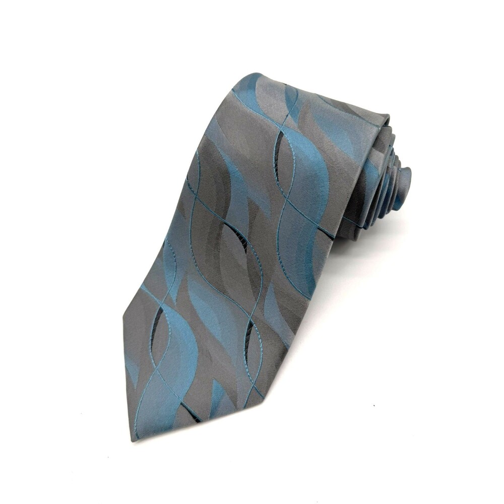 Crazy Horse Liz Claiborne Men's Silk Tie Gray Blue Abstract Wavy Leaf Pattern